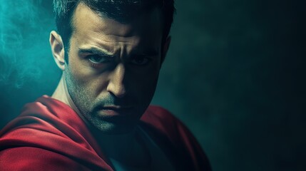 Intense portrait of a man wearing a red cloak with dramatic lighting highlighting his focused expression