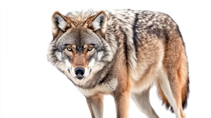 Fototapeta premium Wolf Portrait Close-up of a Grey Wolf with Striking Amber Eyes, Isolated on White Background, Wildlife, Animal, Nature