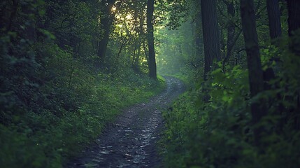 Obraz premium A forest path with sunlight filtering through tree branches on its other side