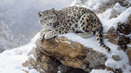 Fototapeta premium A Snow Leopard Resting on a Rocky Outcrop in a Snowy Mountain Landscape