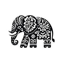 Elephant in folk art black and white silhouette illustration