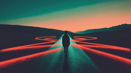 A person standing at a crossroads with glowing markers leading in different directions, representing life choices and key milestones on their journey