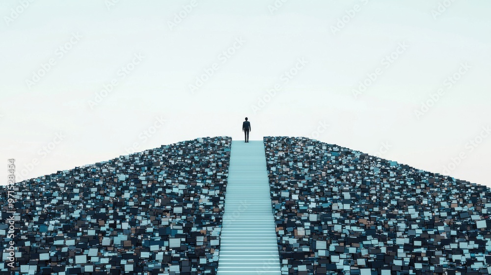 Poster a person standing at the bottom of a steep staircase made of unfinished tasks, each step labeled wit