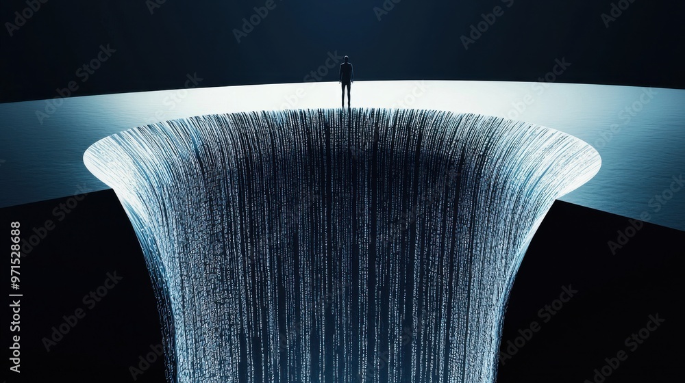 Aufkleber a person standing at the edge of a digital waterfall, with streams of data cascading down into a poo
