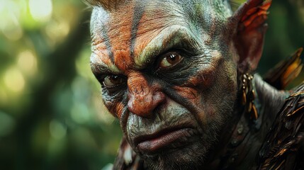  A tight shot of a creature adorned with green and red paint on its face, standing before a towering tree in the background