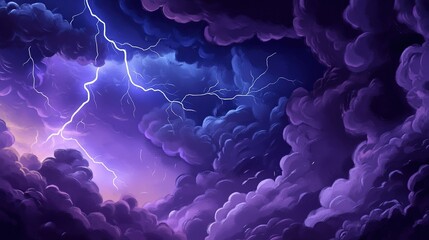 Obraz premium Lightning illuminates dark storm clouds at twilight in a dramatic sky full of vibrant purples and deep blues