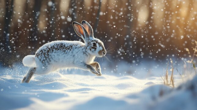 White-tailed jackrabbit leaping through snow-covered field