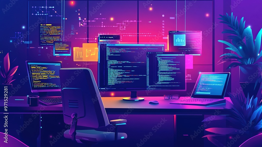 Aufkleber a vibrant modern workspace with multiple monitors displaying code and data analysis at night, surrou