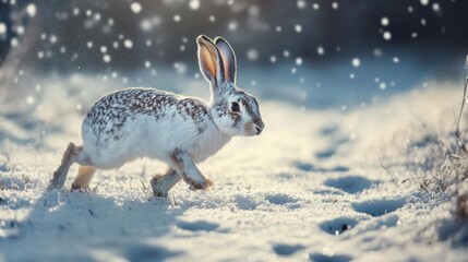 Obraz premium White-tailed jackrabbit running through snowy field