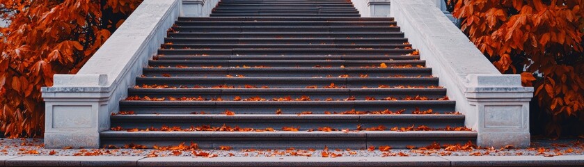 A symmetrical staircase leading up to an old mansion, its path lined with autumn flowers and fallen leaves