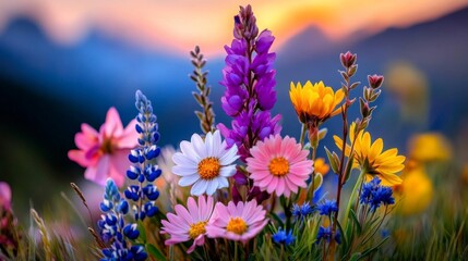 Beautiful wildflowers in vibrant bloom during a stunning sunset in a scenic mountain landscape.