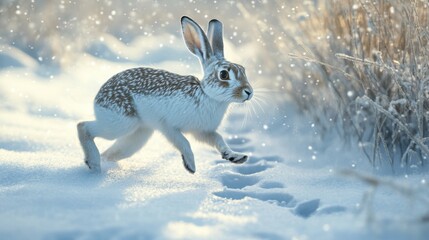 Obraz premium A White Hare Running Through Snow in the Winter