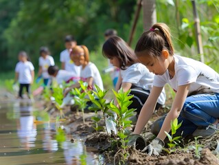 Schoolchildren Participating in River Cleanup and Replanting for Ecosystem