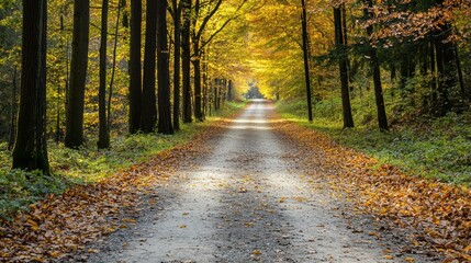 Fototapeta premium A dirt path, bordered by dense trees and shedding foliage on either side