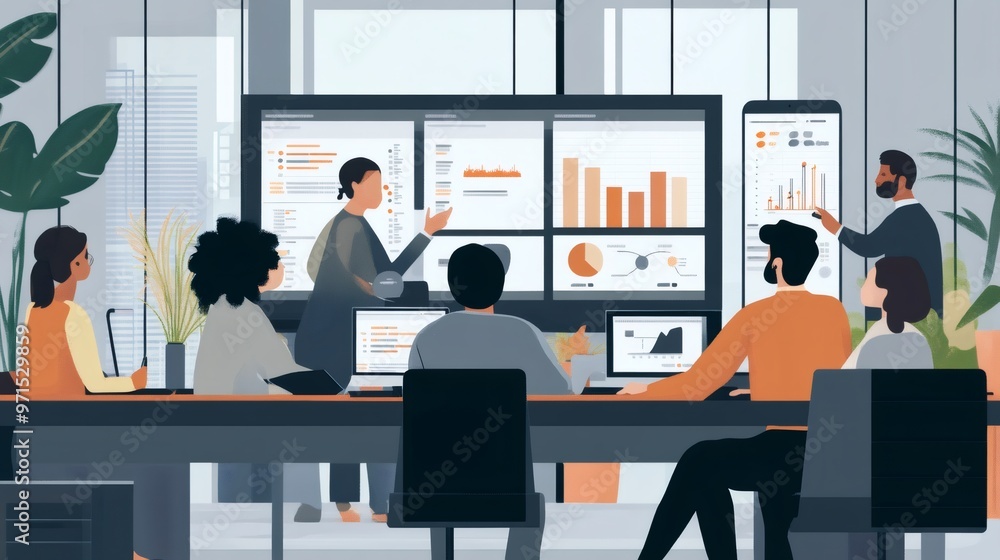 Poster business team discussing data and charts on large screens in a modern office setting.