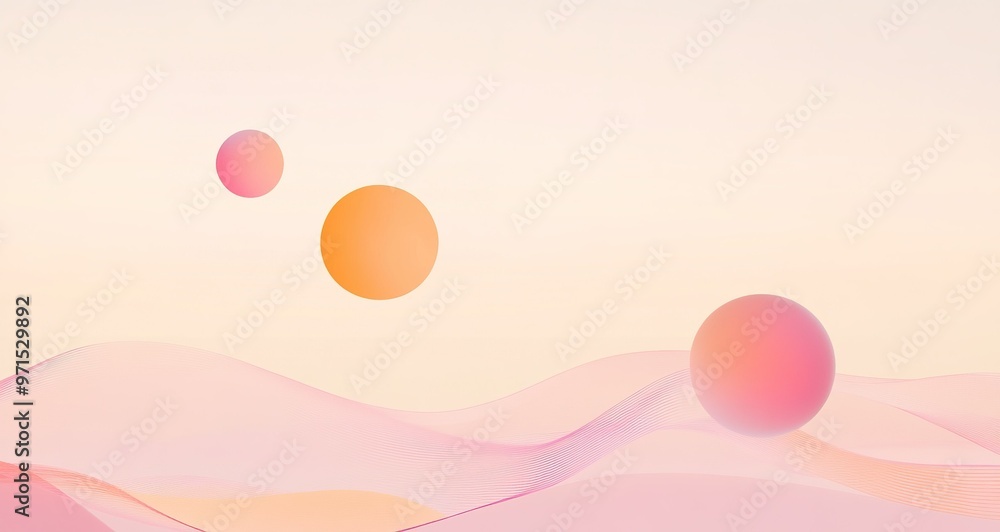 Aufkleber abstract composition featuring colorful spheres floating over soft waves in a pastel background duri