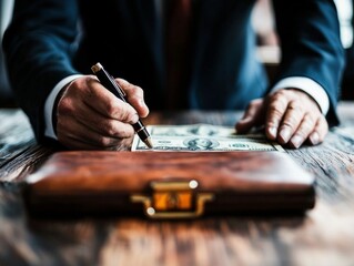 Businessman in suit signing dollar bill at wooden table, close up wallet in foreground, illustrating finance agreement or money transaction.