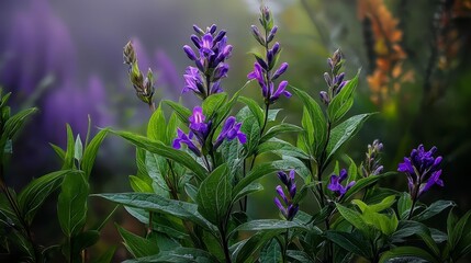 Obraz premium A foreground of purple flowers with distinct green leaves, blurred background of similar hue