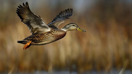  A duck flies over a body of water, wings spread wide, head raised