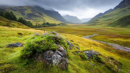  In the valley's heart, a rocky outcropping rises, cradling a running stream Mountains loom majestically behind