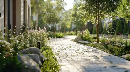 Obraz premium A garden boasts a brick walkway encircled by greenery A stone pathway branches off, flanked by trees and bushes, leading towards a building