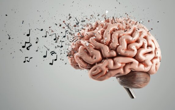 An artistic explosion of a brain, with the pieces turning into musical notes, symbolizing creative expression through music
