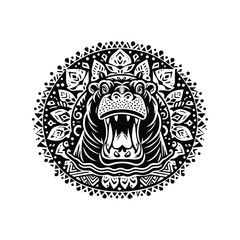 Hippo in bohemian black and white silhouette illustration