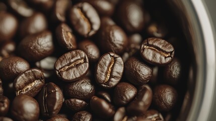 Fototapeta premium A crock pot filled with coffee beans in a tight close-up, topped with an additional layer
