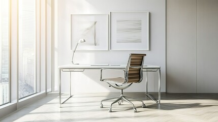 Bright and modern minimalist office space with a sleek desk and comfortable chair overlooking the city skyline during the daytime