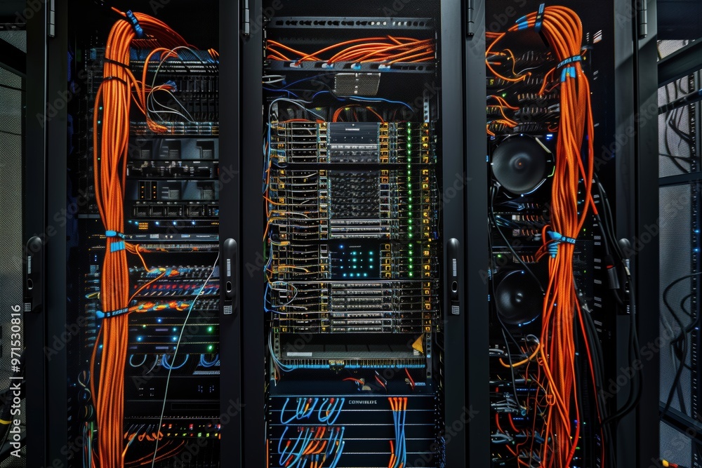 Poster data center rack filled with networking equipment and colorful cables. the rack features various swi