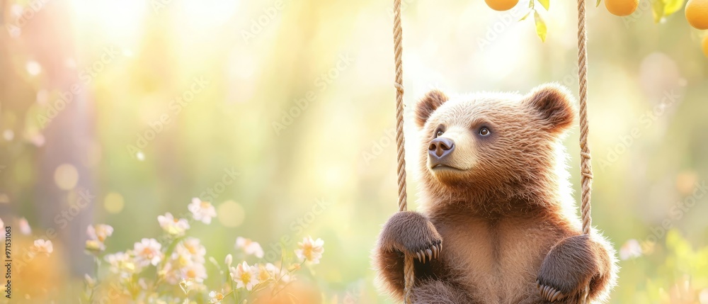 Wall mural a brown bear on a swing, surrounded by fruits dangling from its sides, gazes at the camera