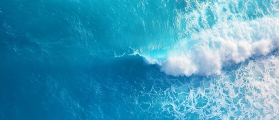  A bird's-eye perspective of a blue ocean with a wave approaching the shore, and a surfer riding its crest