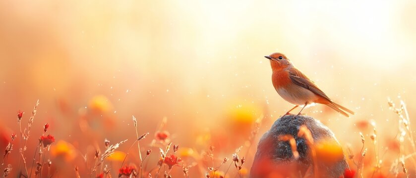  A small bird atop a rock in a wildflower field, sun shining behind