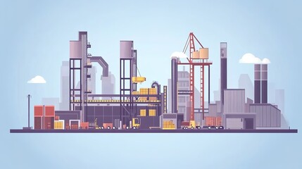 Obraz premium Industrial manufacturing facility with cranes, forklifts, and storage containers during daytime in an urban setting
