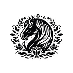 Obraz premium Horse in folk art black and white silhouette illustration