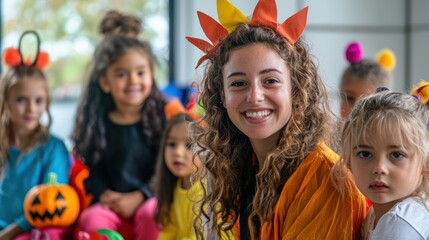 Fototapeta premium A young female teacher and her young students in imaginative carnival costumes, preparing for a Halloween celebration