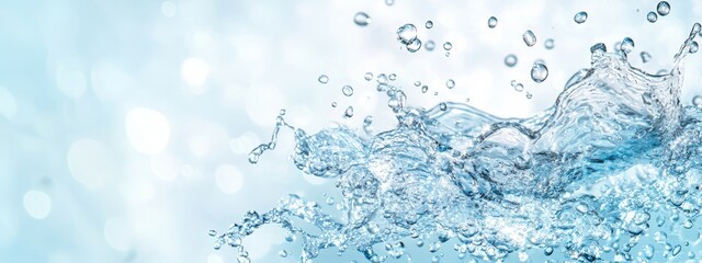  A tight shot of water splashing against a backdrop of blue and white The surroundings softly blur with light, creating a bokeh effect