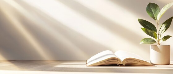  A book open on a wooden table Nearby, a plant in a vase Both items reside on separate table sections