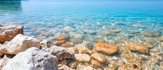 water encircled by rocks, a boat dots the distance on a sunlit day