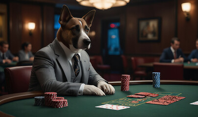 Slick Grey-Suited Dog at Poker Table, Holding Cards with a Stern and Focused Expression