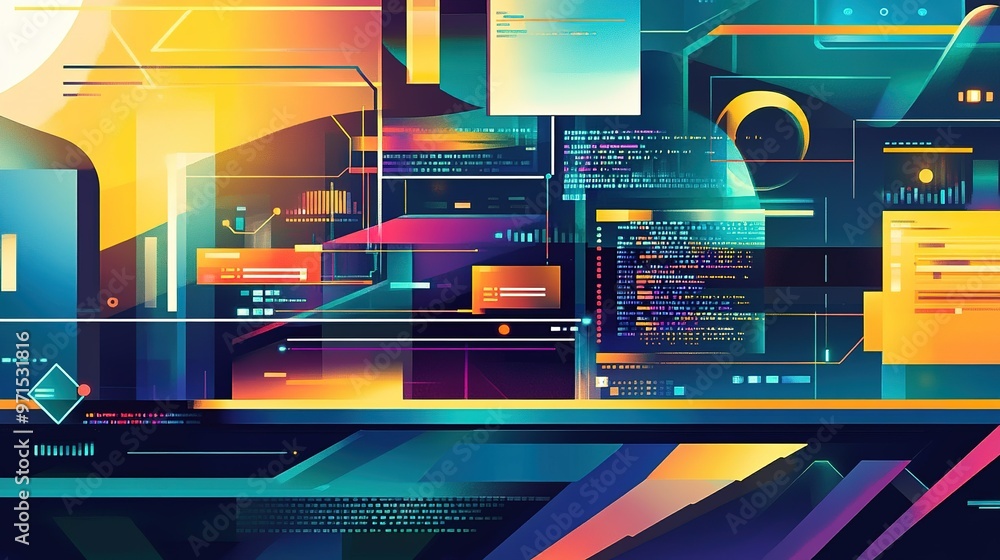 Poster abstract digital background showcasing colorful geometric shapes and code-style elements in a futuri