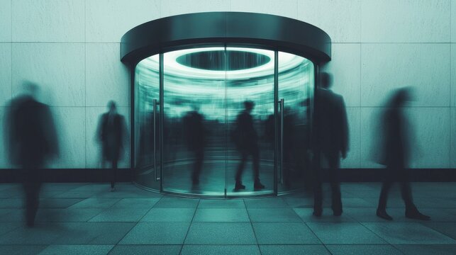 A revolving door with silhouettes of people constantly entering and exiting, employee turnover in a fast-paced corporate environment