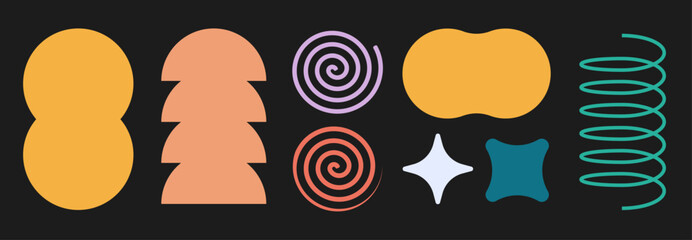 Abstract cartoon geometric shapes elements icon graphic illustration set, retro blobs and scribbles modern figures design, simple minimal flat bold forms shapes silhouette image clip art
