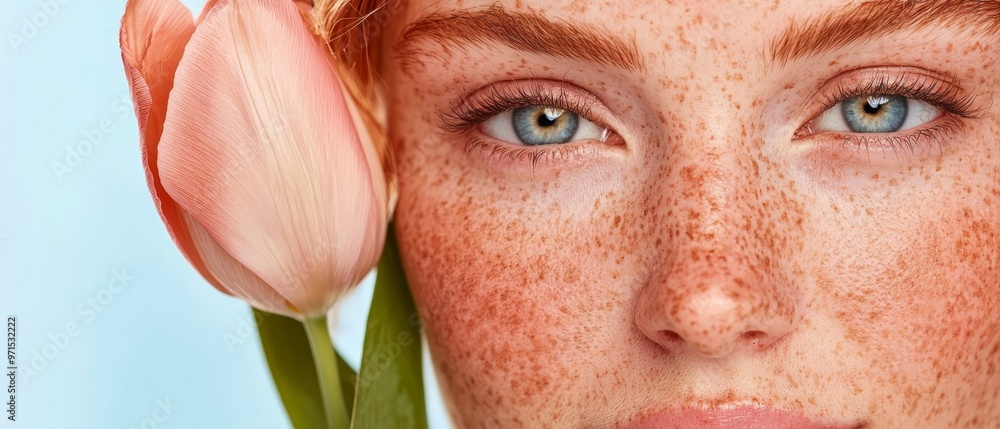 Wall mural  A tight shot of a woman's face adorned with freckles, a flower hovering nearby