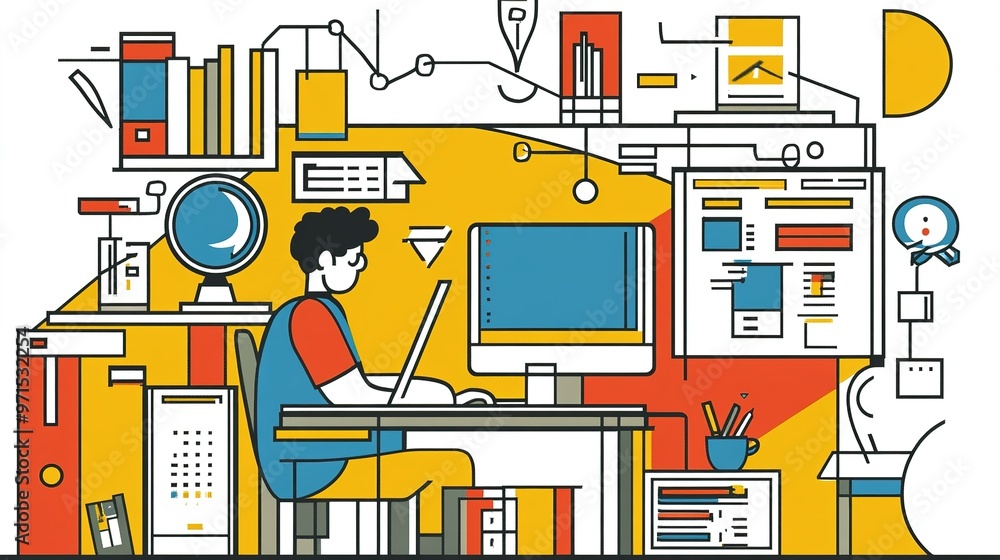 Poster creative workspace with a person using a computer among various colorful design elements in a modern