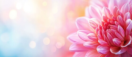 Fototapeta premium A tight shot of a pink blossom against a backdrop of blue and pink Background features a softly blurred bokeh of light