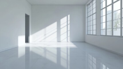Fototapeta premium Empty room, clean white floor, white walls, generative ai