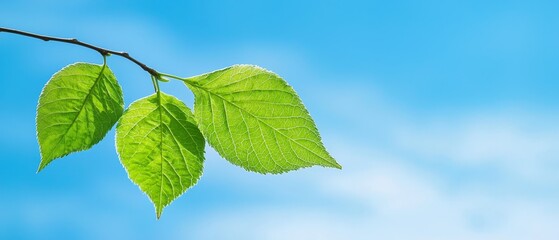 Naklejka premium Two green leaves on a tree branch against a blue sky with wispy clouds