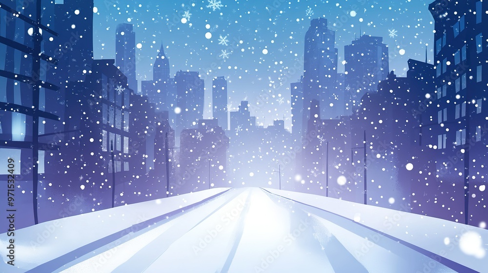 Poster snowfall blankets a cityscape at twilight, creating a serene winter atmosphere with soft light illum