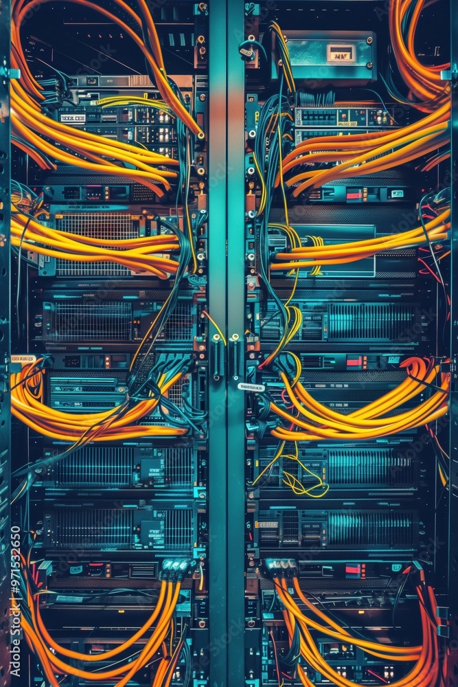 Poster server rack filled with various servers and colorful cables. the image showcases the intricate arran